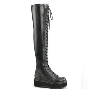 Demonia Black thigh-high Lace-Up Platform Boots